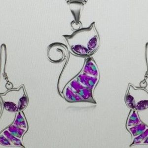 Cat Pendants Necklace & Earrings Fire Opal
